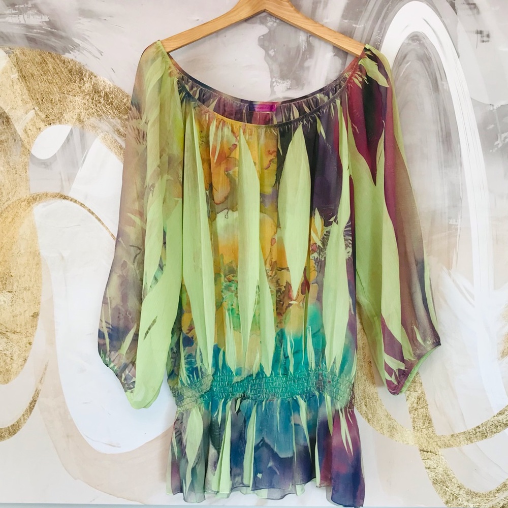 AMOUR COUTURE | Stunning Watercolour Floral Sheer Off The Shoulder Flowy Blouse